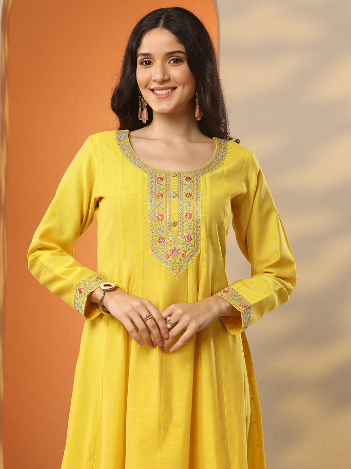 Yellow Embellished Silk Blend Anarkali Suit Set With Dupatta