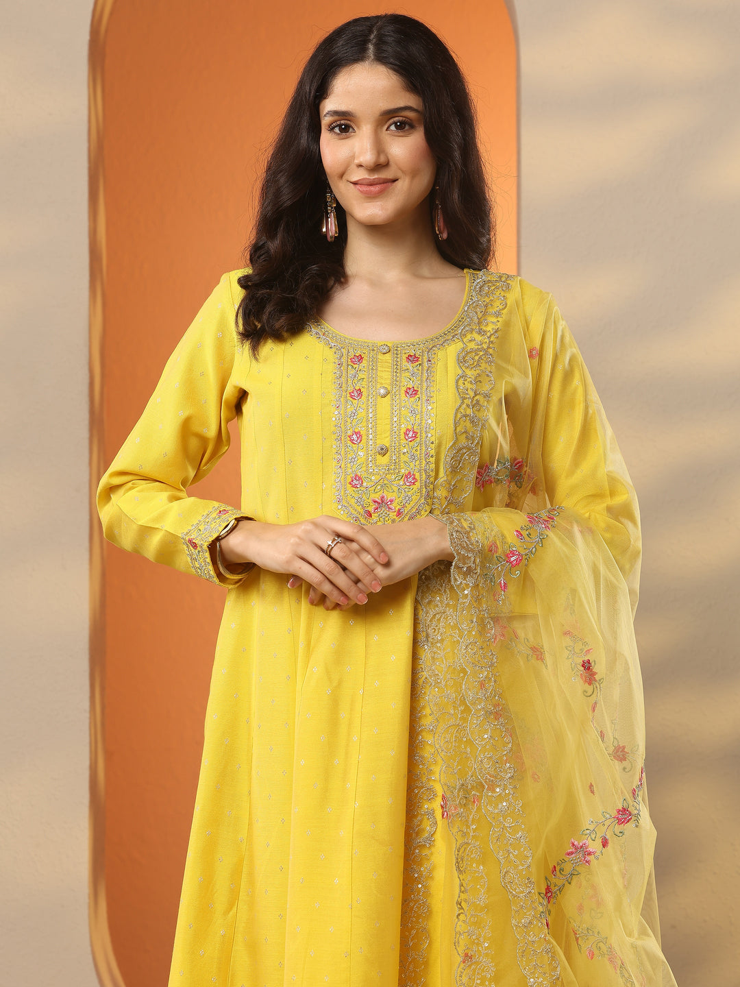 Yellow Embellished Silk Blend Anarkali Suit Set With Dupatta