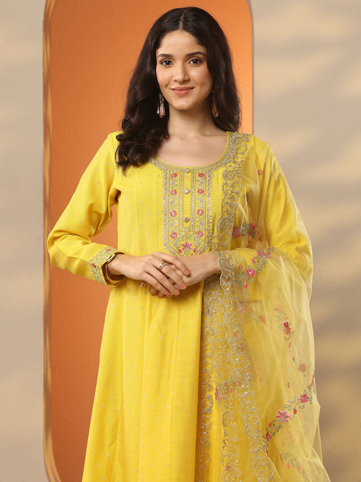 Yellow Embellished Silk Blend Anarkali Suit Set With Dupatta