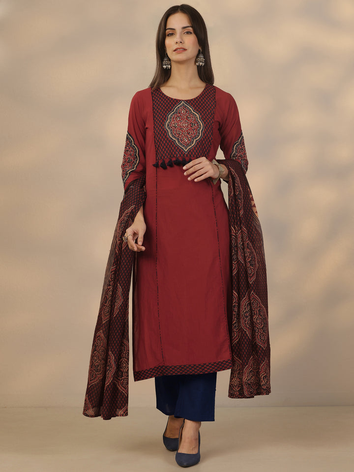 Rust Embroidered Cotton Straight Suit Set With Dupatta