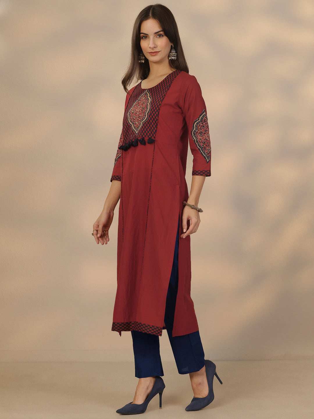 Rust Embroidered Cotton Straight Suit Set With Dupatta
