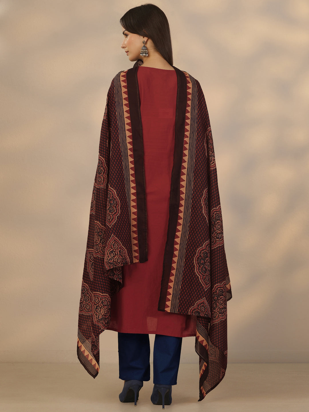 Rust Embroidered Cotton Straight Suit Set With Dupatta