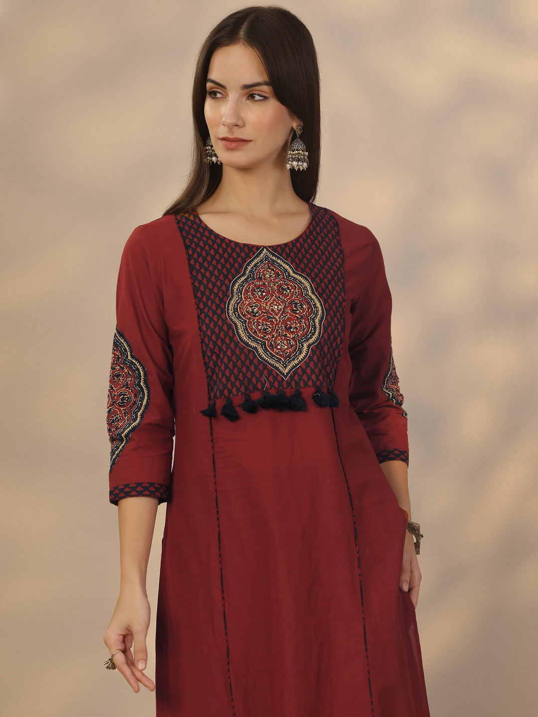 Rust Embroidered Cotton Straight Suit Set With Dupatta