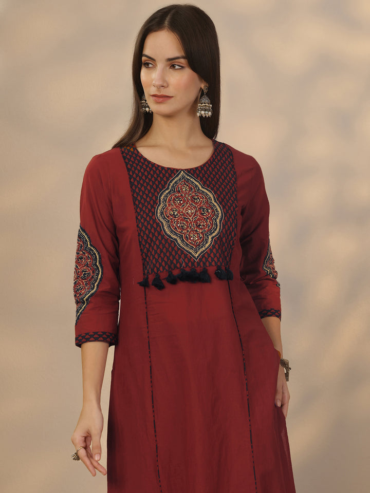 Rust Embroidered Cotton Straight Suit Set With Dupatta