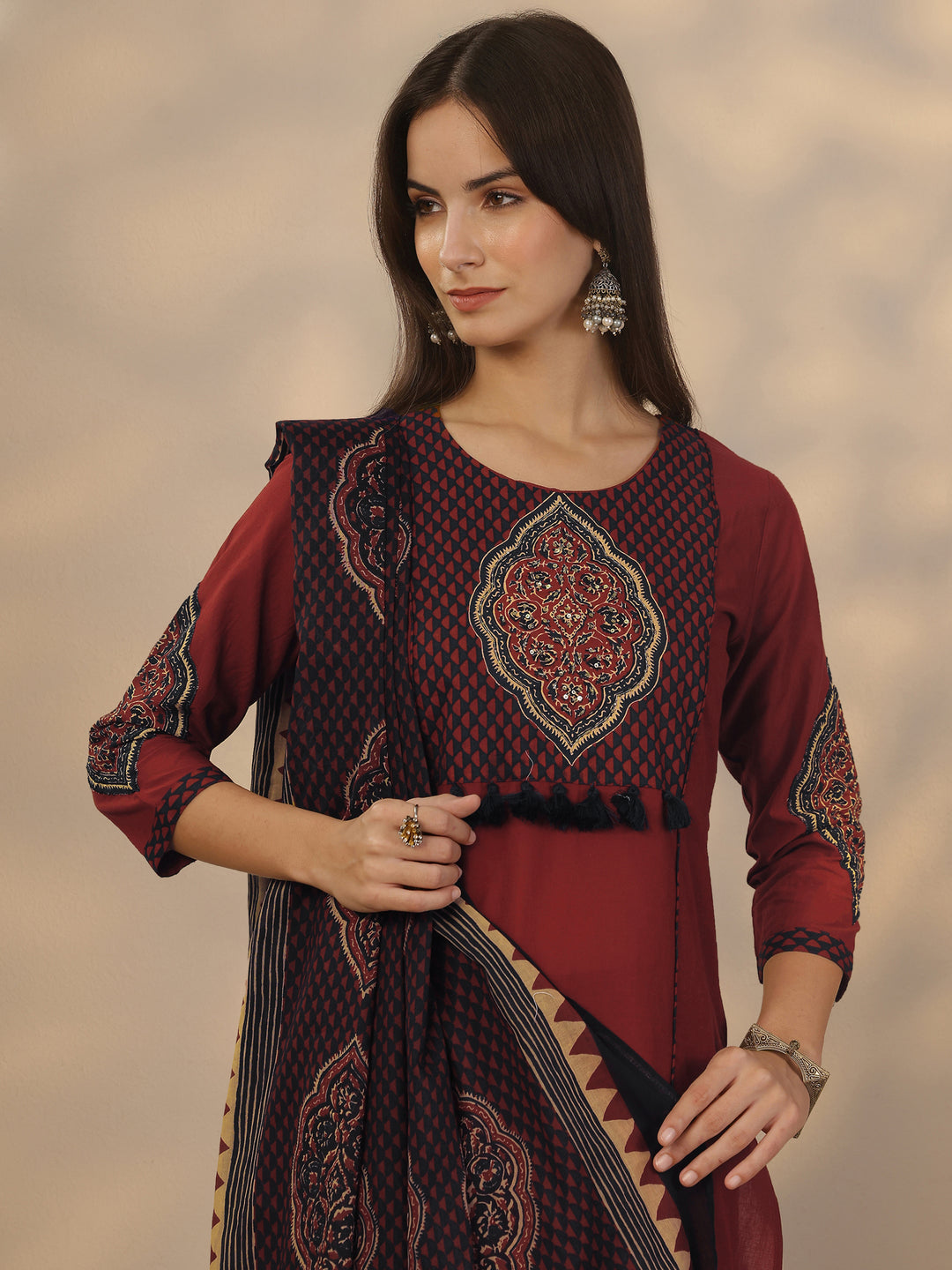 Rust Embroidered Cotton Straight Suit Set With Dupatta