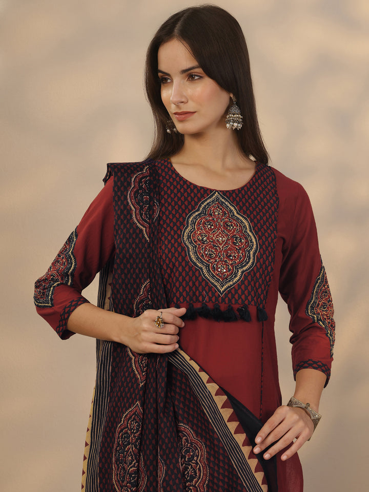 Rust Embroidered Cotton Straight Suit Set With Dupatta