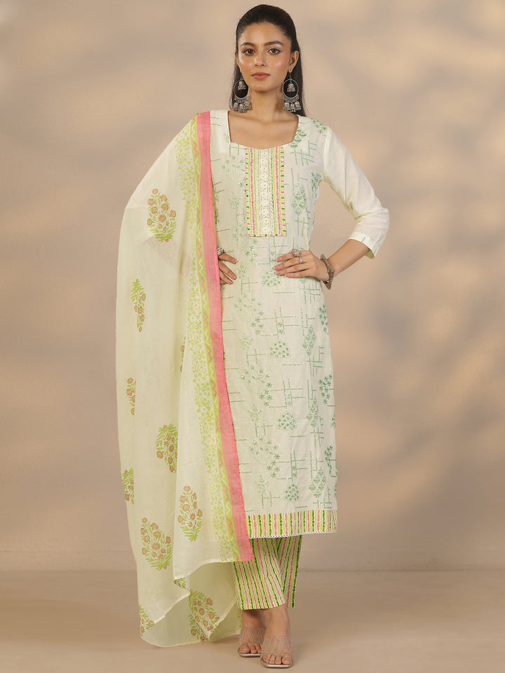 Off White Embroidered Cotton Straight Suit Set With Dupatta