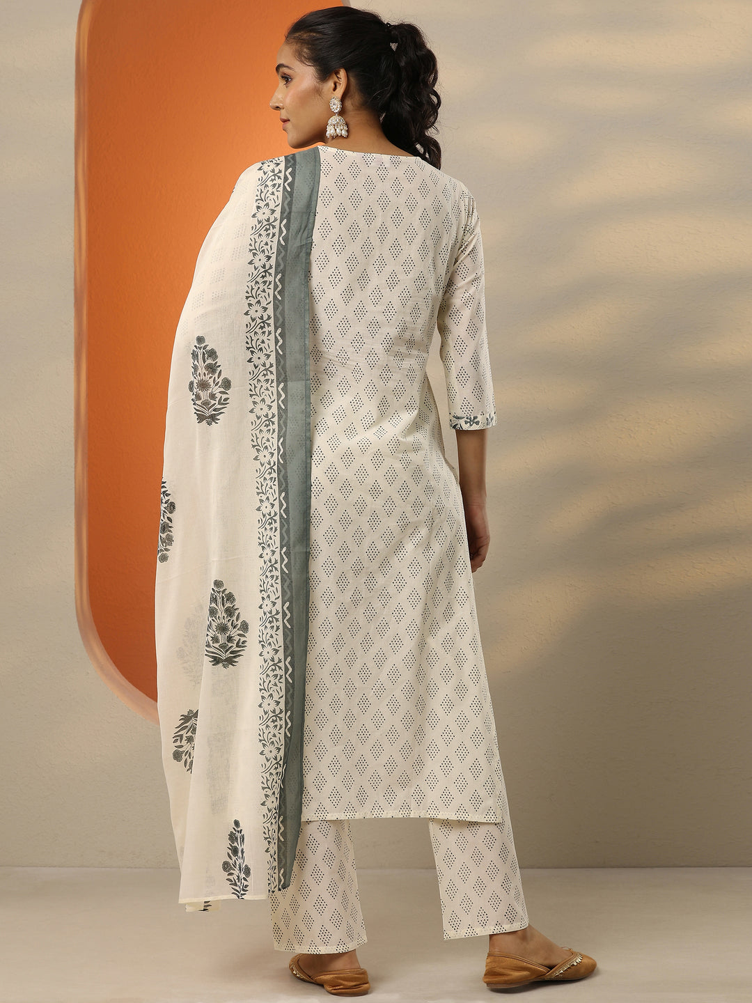 Off White Printed Cotton Straight Suit Set With Dupatta