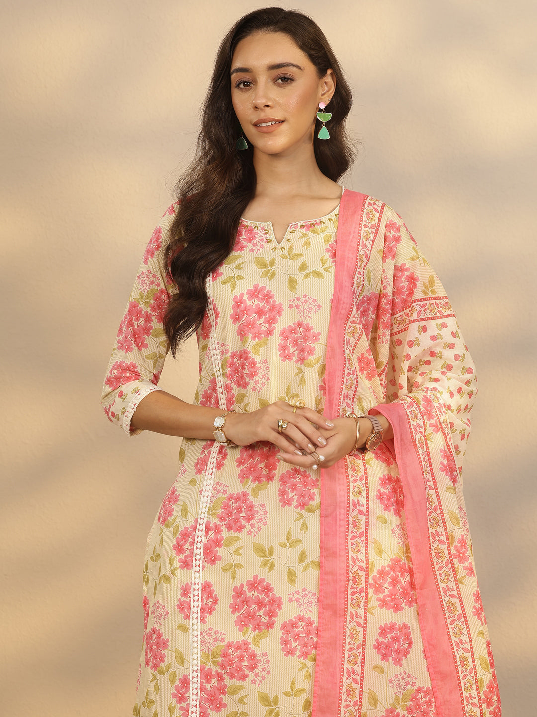 Cream Printed Cotton Straight Suit Set With Dupatta