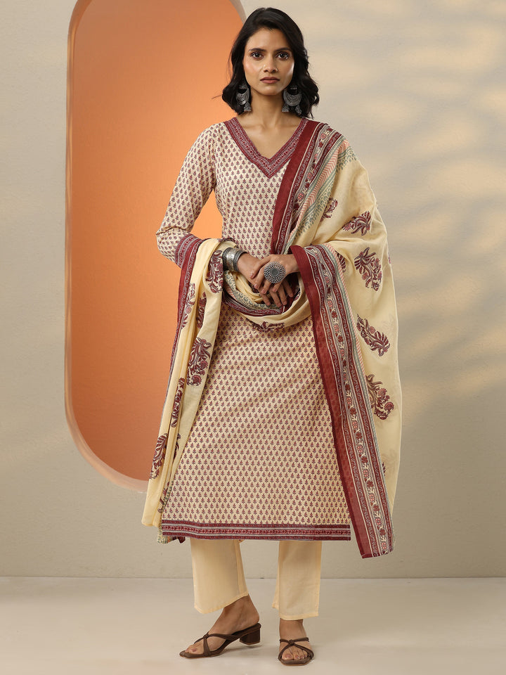 Beige Printed Cotton Blend  Straight Suit Set With Dupatta