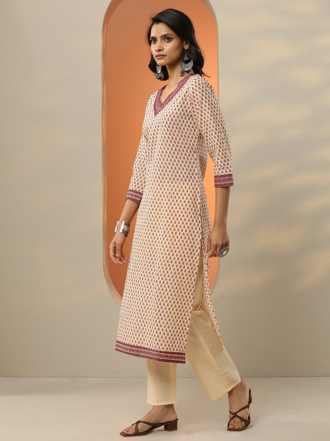 Beige Printed Cotton Blend  Straight Suit Set With Dupatta