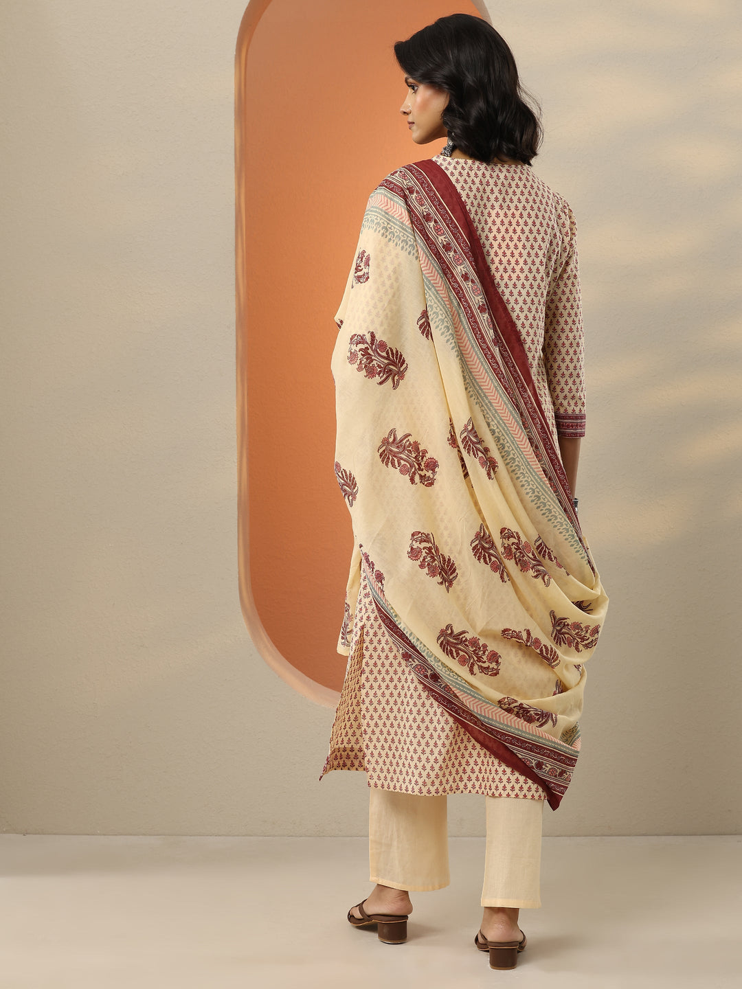 Beige Printed Cotton Blend  Straight Suit Set With Dupatta