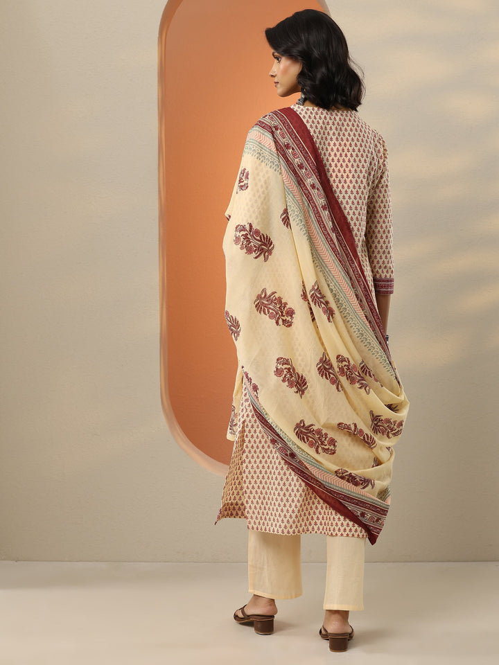 Beige Printed Cotton Blend  Straight Suit Set With Dupatta