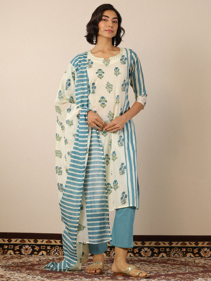 Off White Printed Cotton Straight Suit Set With Dupatta