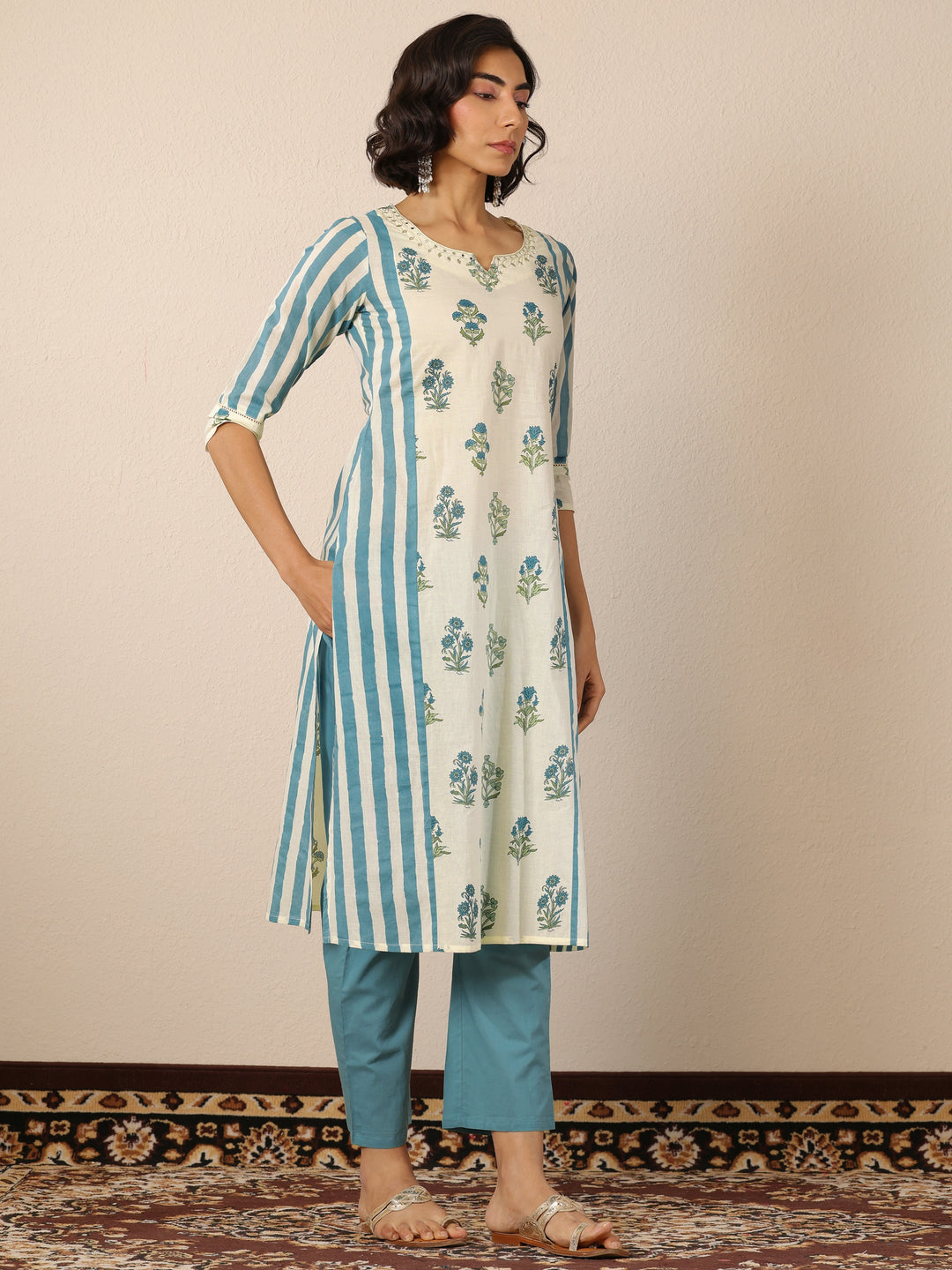 Off White Printed Cotton Straight Suit Set With Dupatta