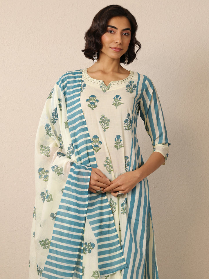 Off White Printed Cotton Straight Suit Set With Dupatta