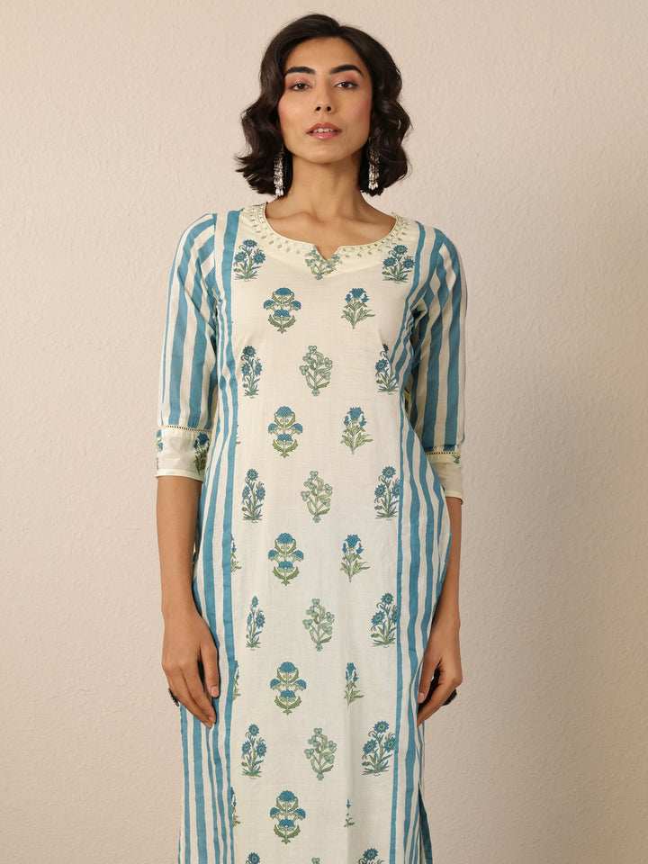 Off White Printed Cotton Straight Suit Set With Dupatta