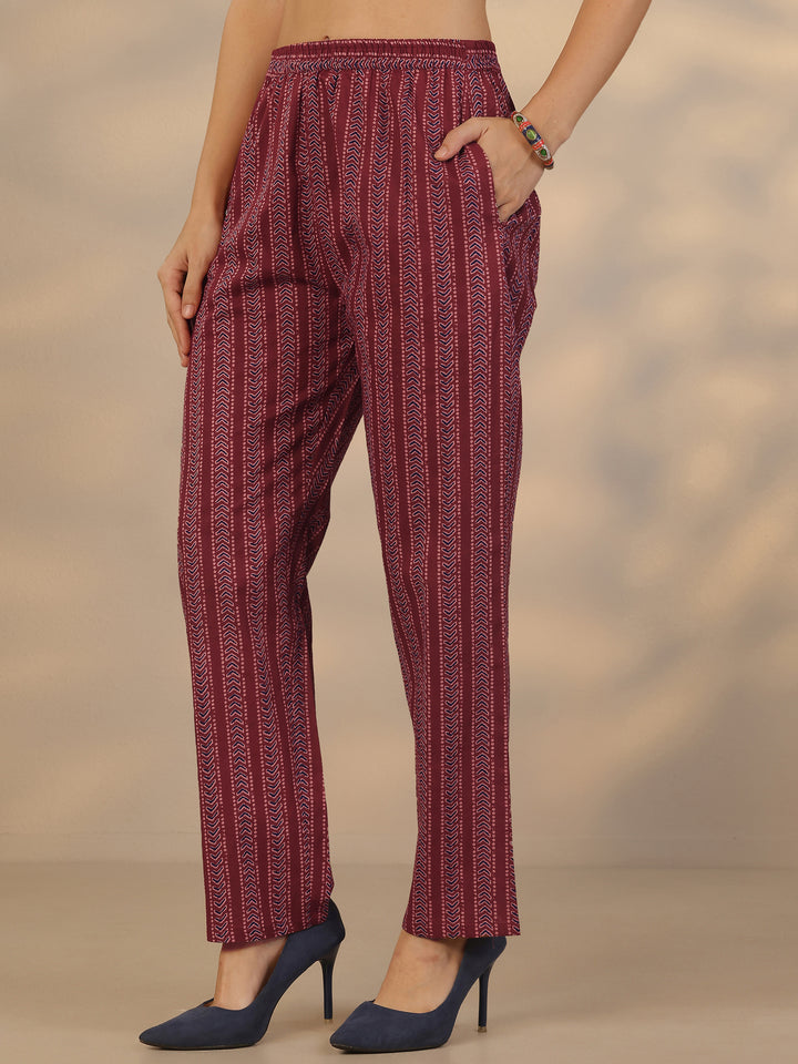 Maroon Printed Cotton Straight Suit Set With Dupatta