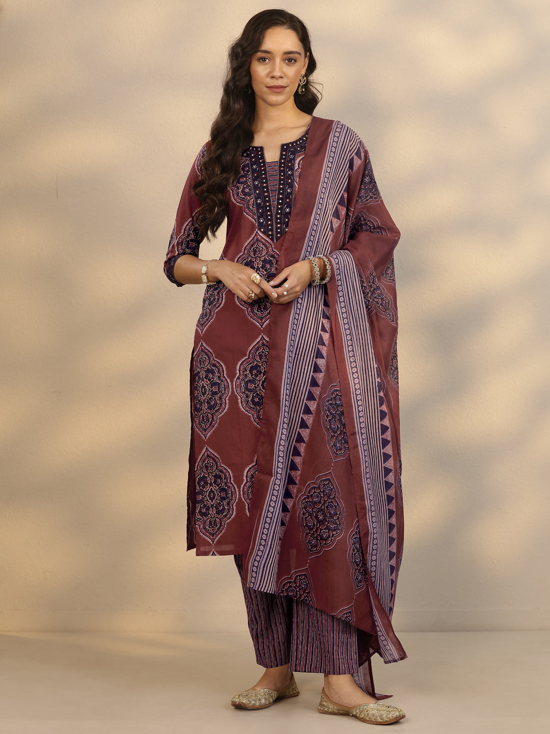 Maroon Printed Cotton Straight Suit Set With Dupatta