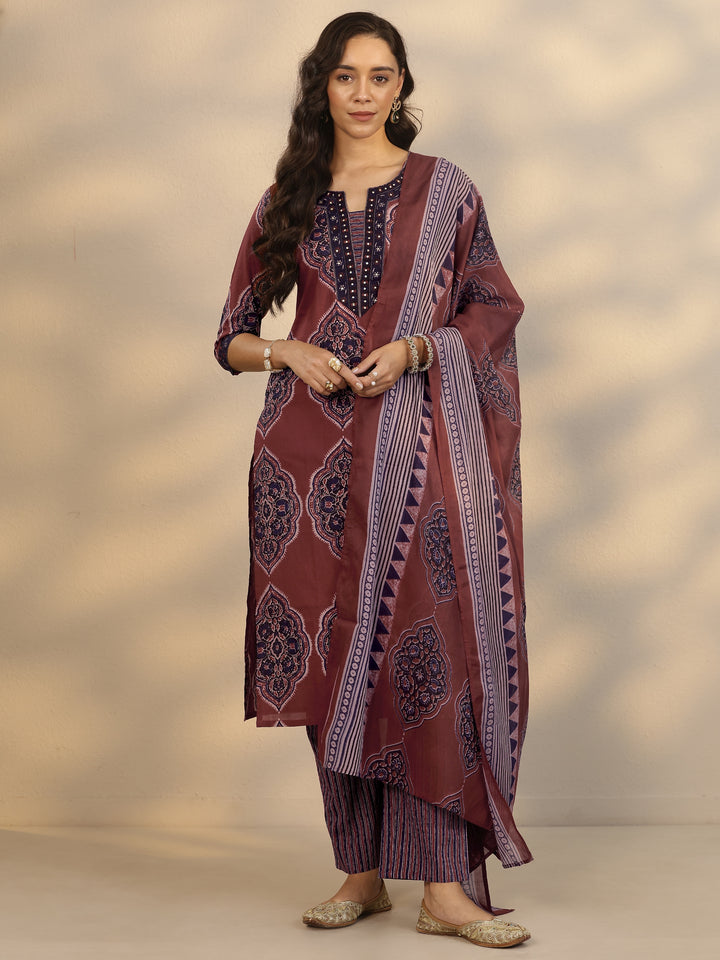 Maroon Printed Cotton Straight Suit Set With Dupatta