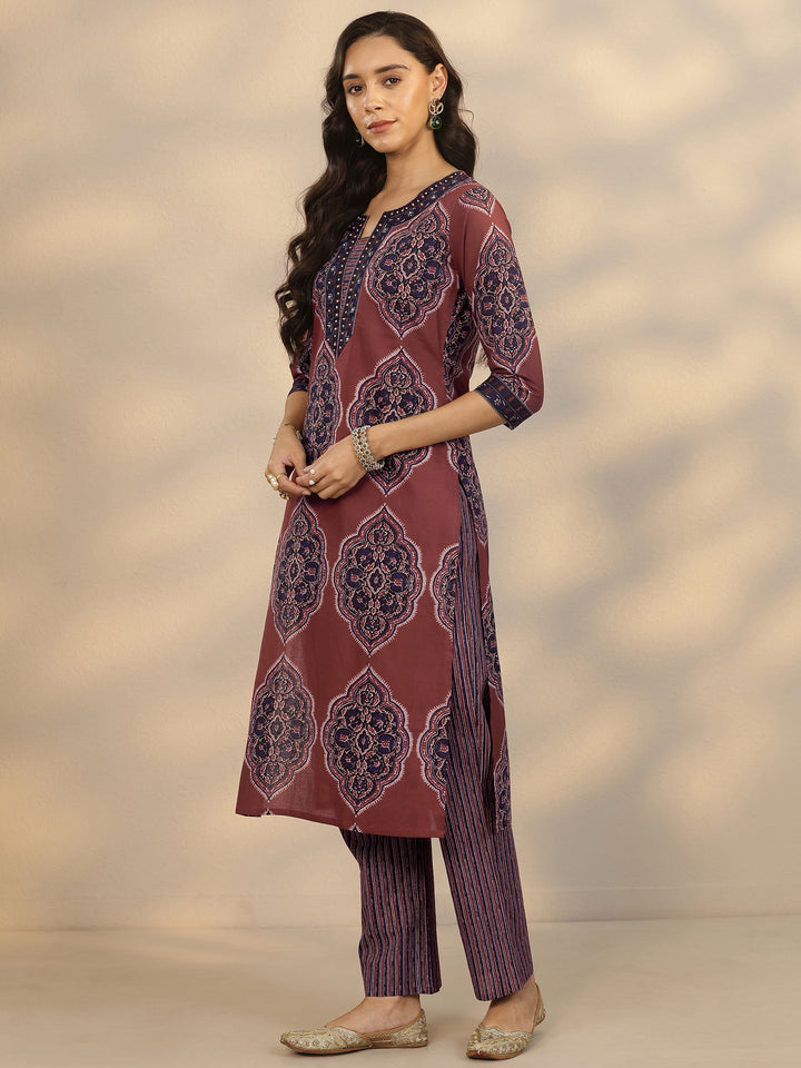 Maroon Printed Cotton Straight Suit Set With Dupatta