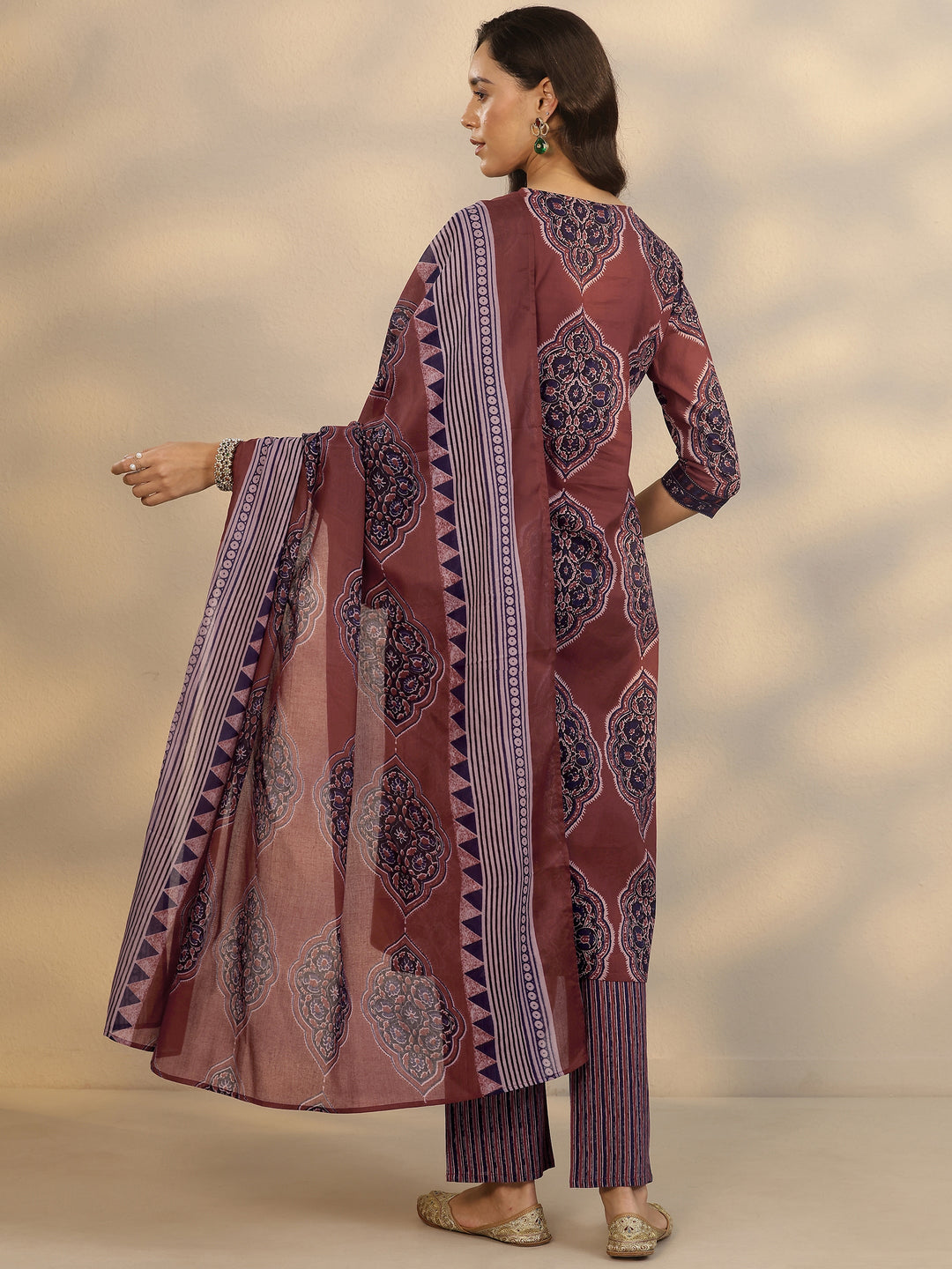 Maroon Printed Cotton Straight Suit Set With Dupatta