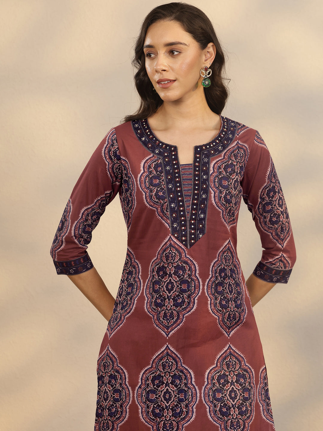 Maroon Printed Cotton Straight Suit Set With Dupatta