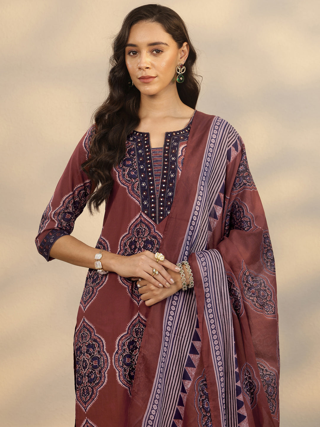 Maroon Printed Cotton Straight Suit Set With Dupatta