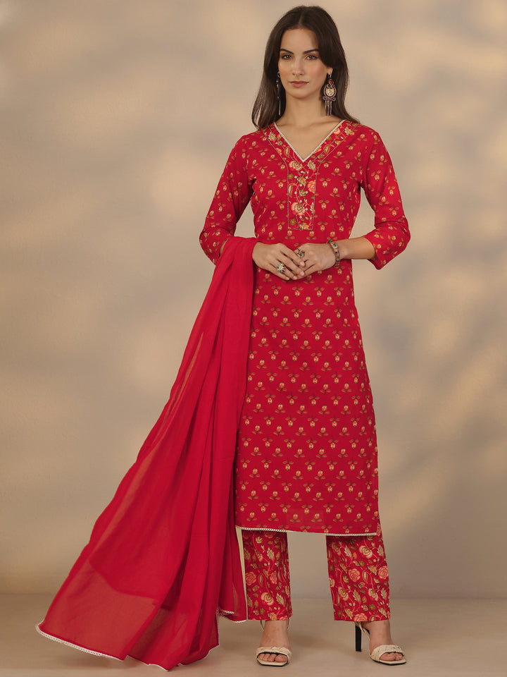 Red Printed Cotton Straight Suit Set With Dupatta