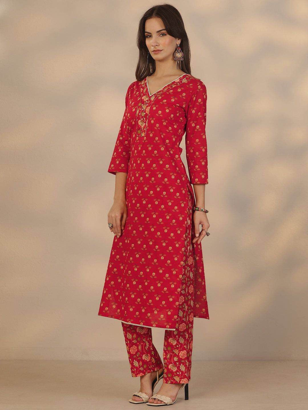 Red Printed Cotton Straight Suit Set With Dupatta