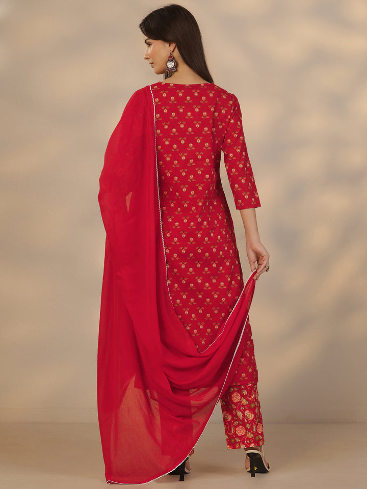Red Printed Cotton Straight Suit Set With Dupatta