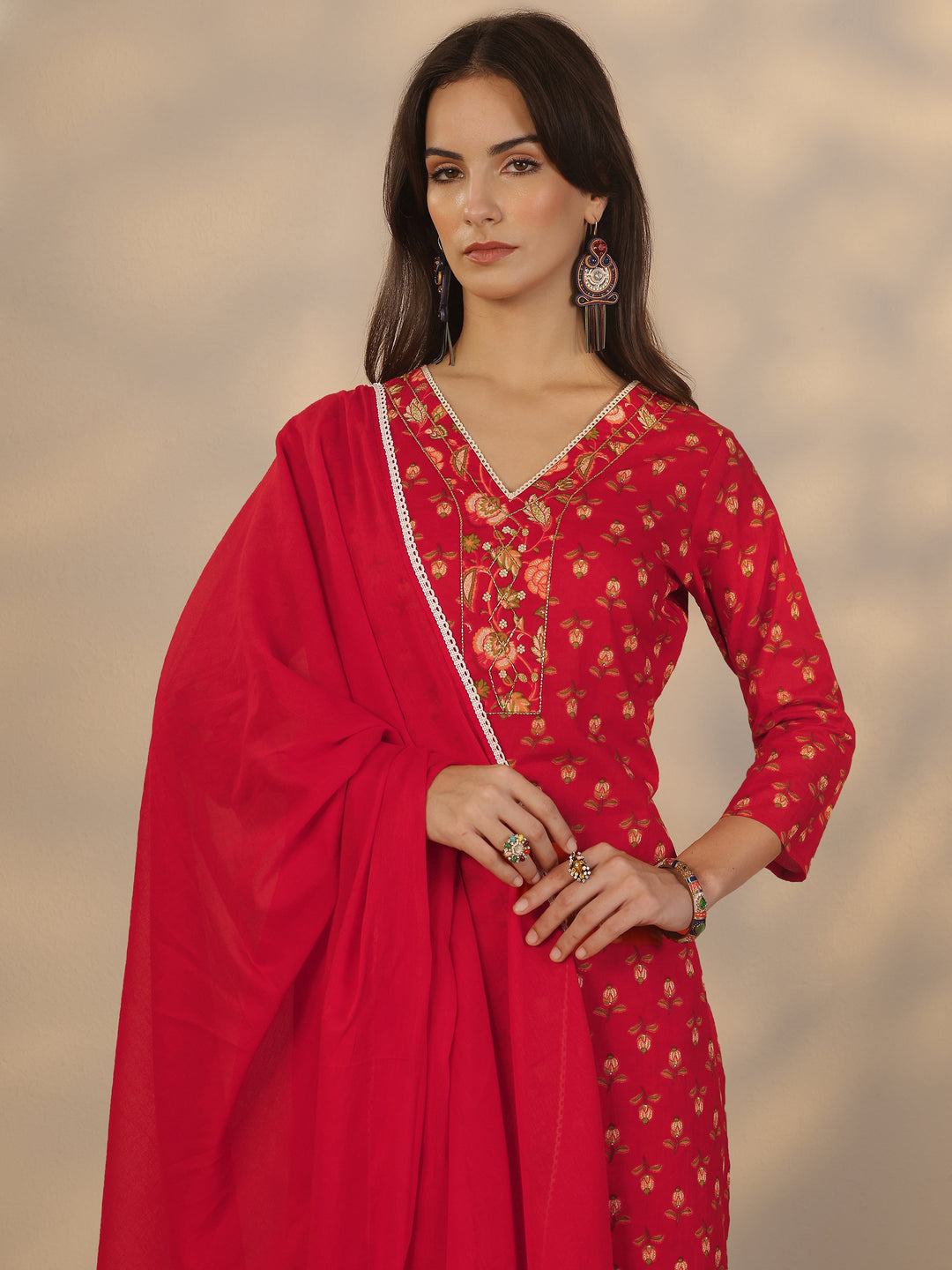 Red Printed Cotton Straight Suit Set With Dupatta