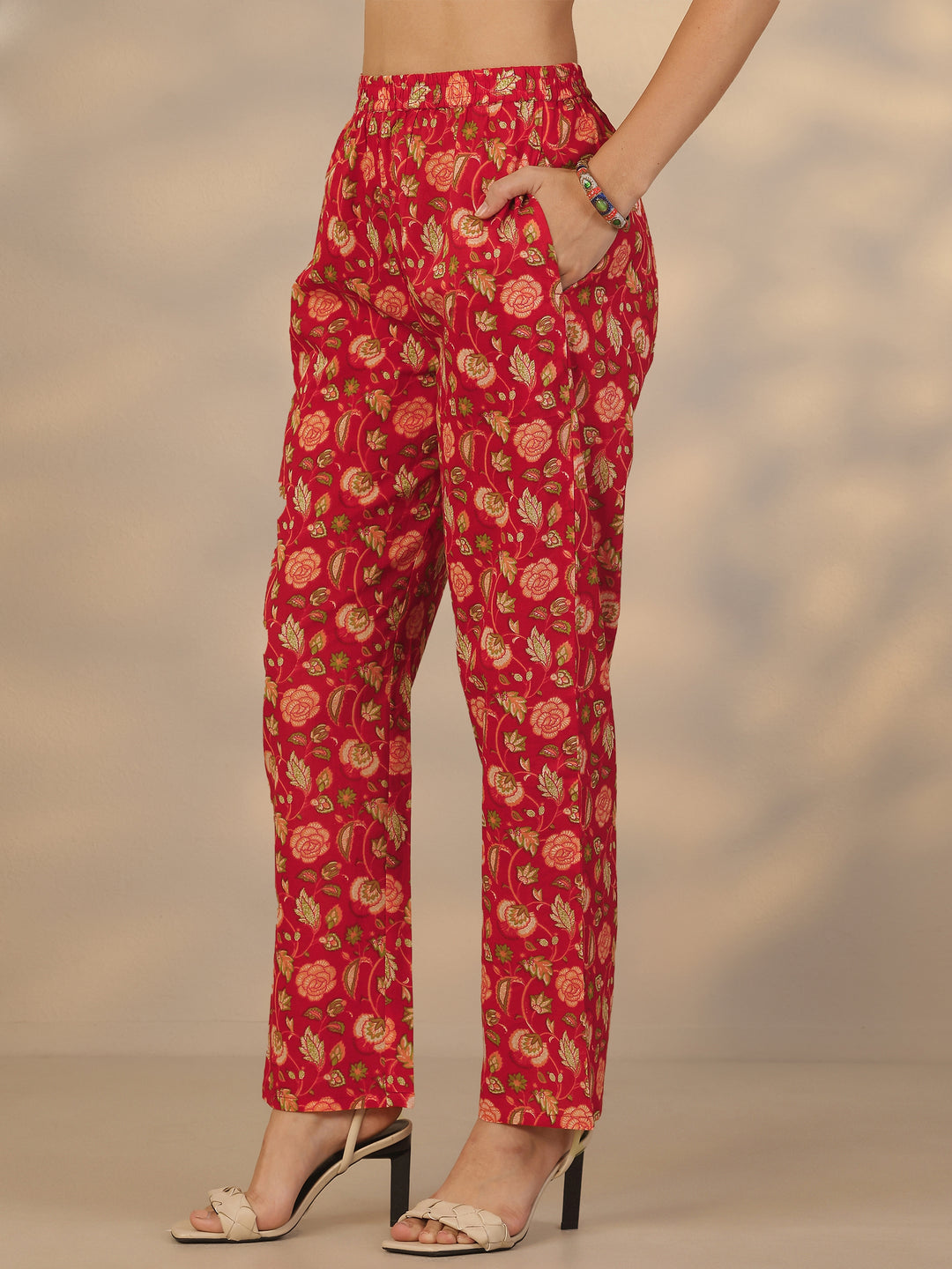 Red Printed Cotton Straight Suit Set With Dupatta