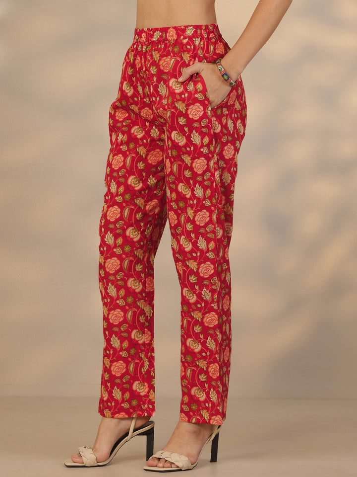 Red Printed Cotton Straight Suit Set With Dupatta