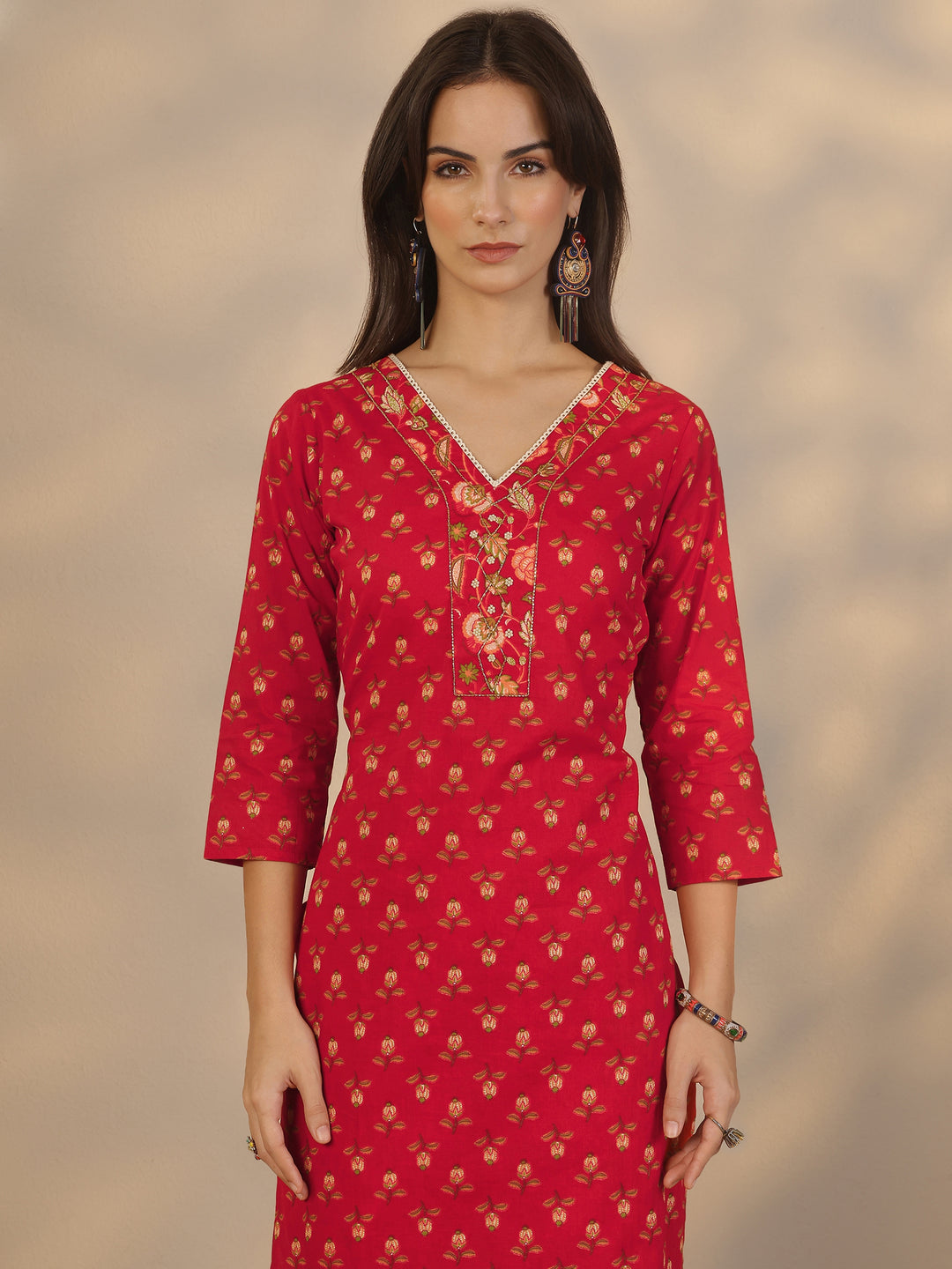 Red Printed Cotton Straight Suit Set With Dupatta