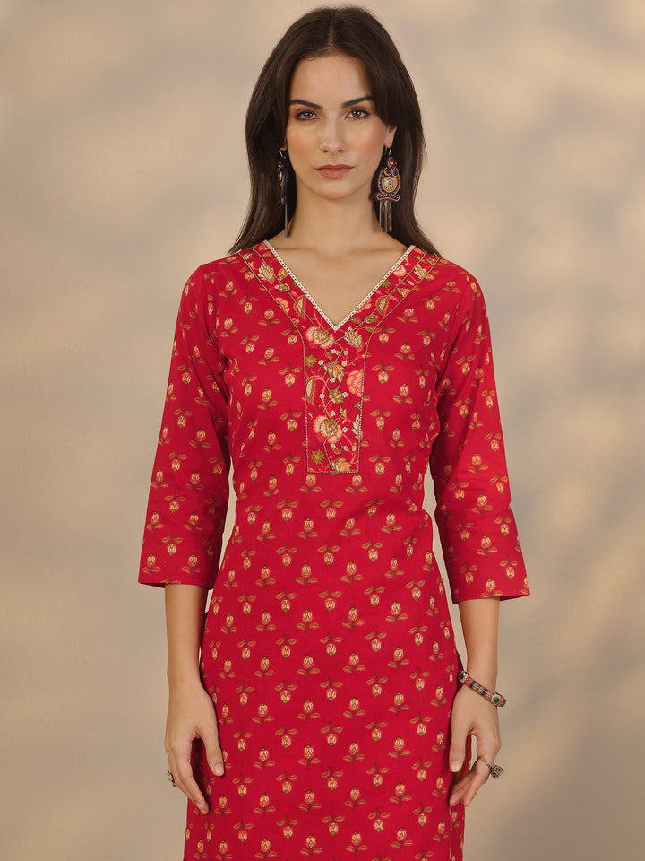 Red Printed Cotton Straight Suit Set With Dupatta