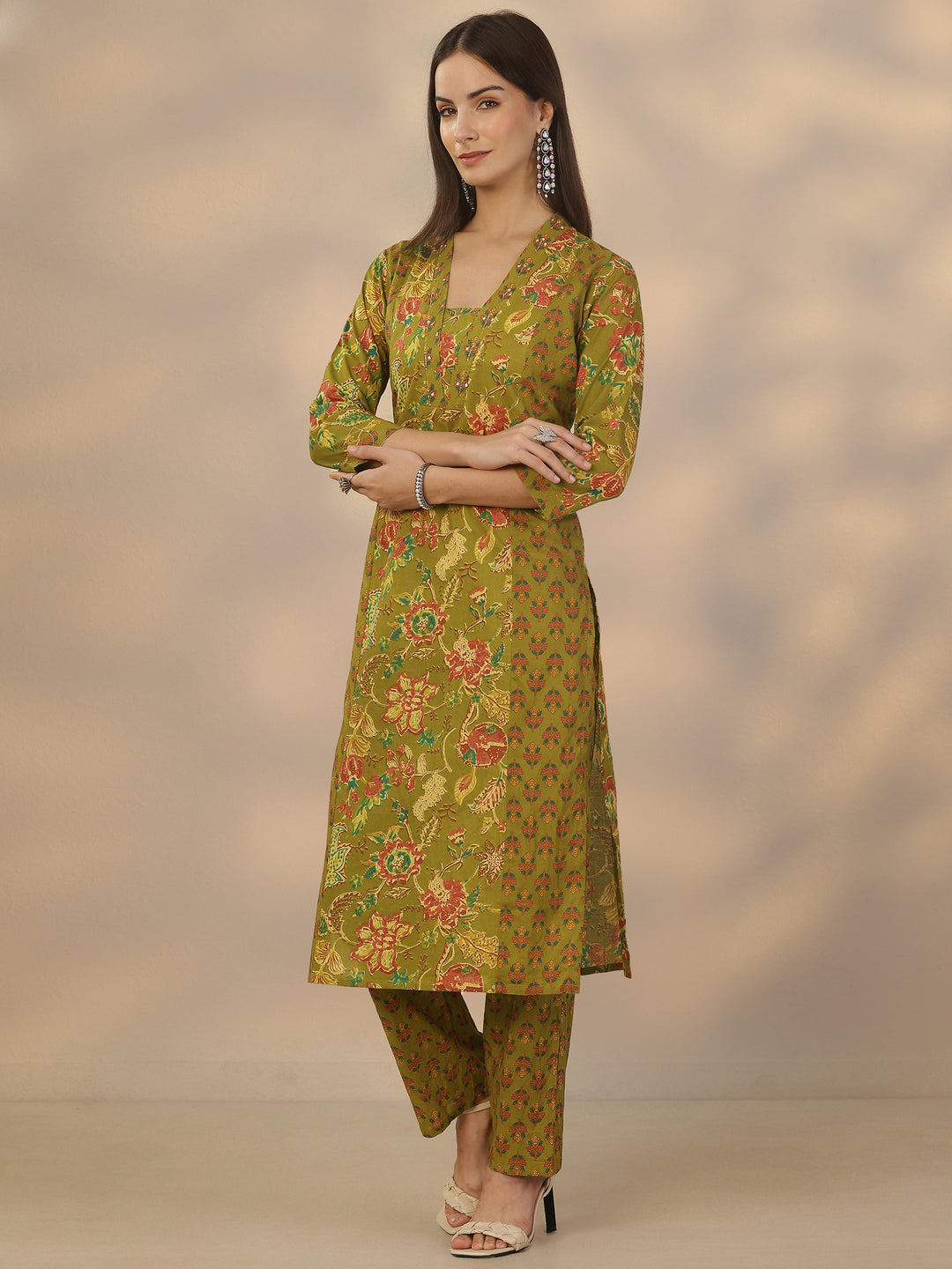 Green Printed Cotton Straight Suit Set With Dupatta