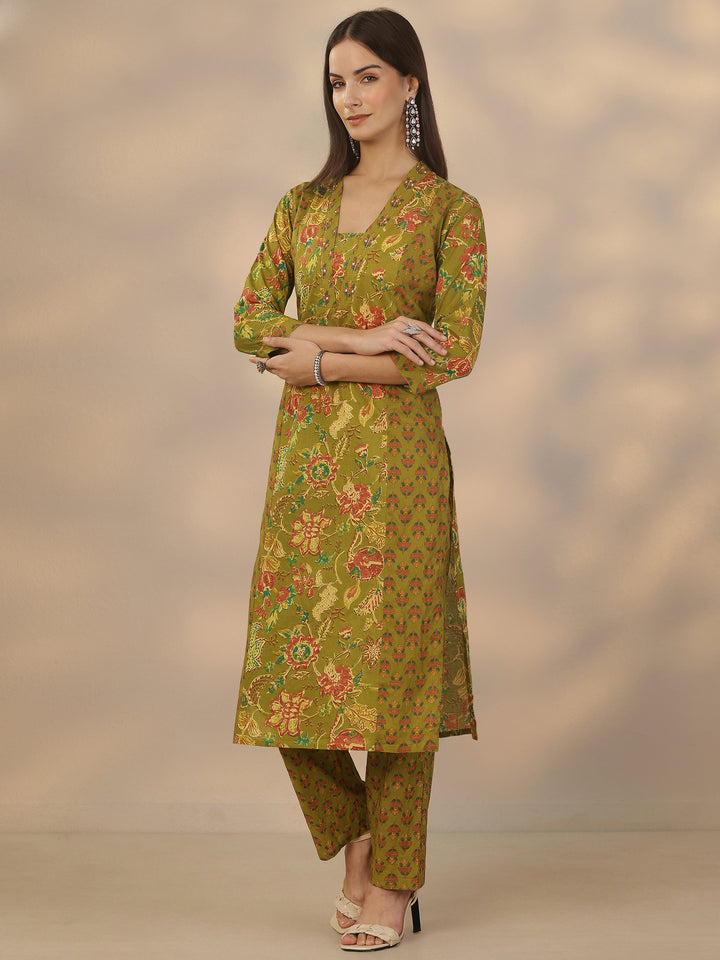 Green Printed Cotton Straight Suit Set With Dupatta