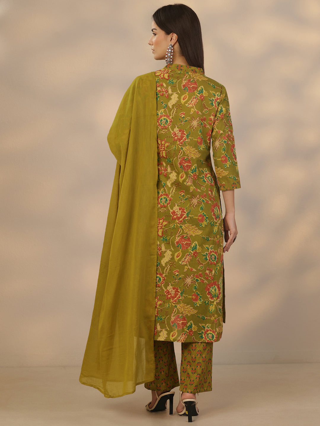 Green Printed Cotton Straight Suit Set With Dupatta