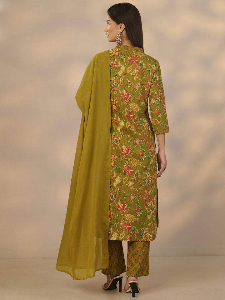Green Printed Cotton Straight Suit Set With Dupatta