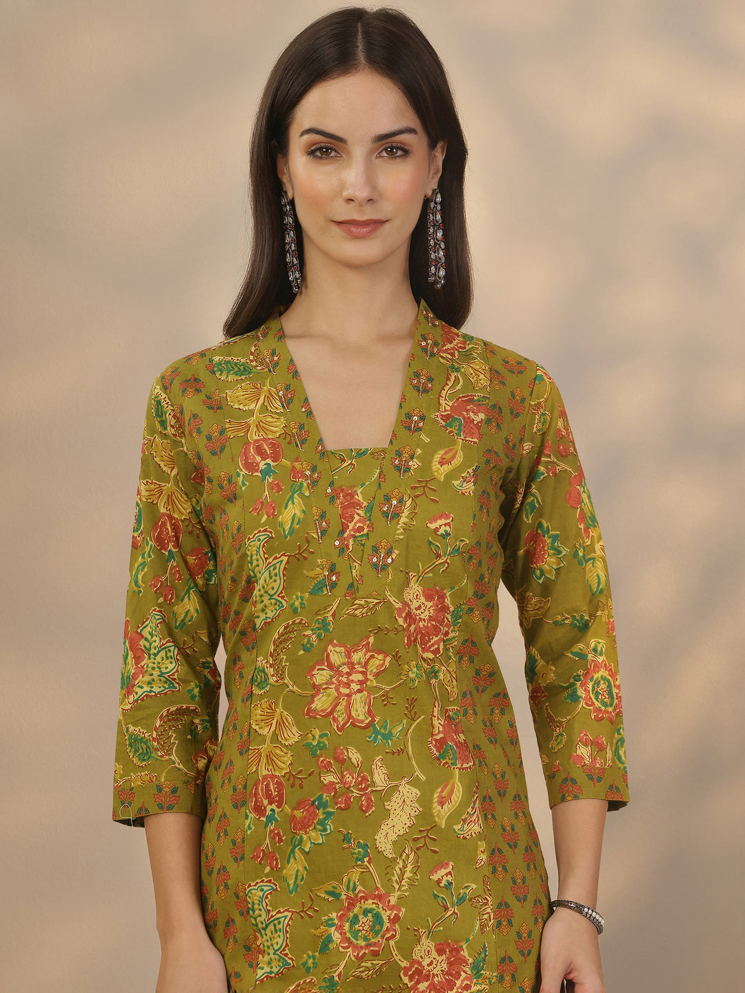 Green Printed Cotton Straight Suit Set With Dupatta