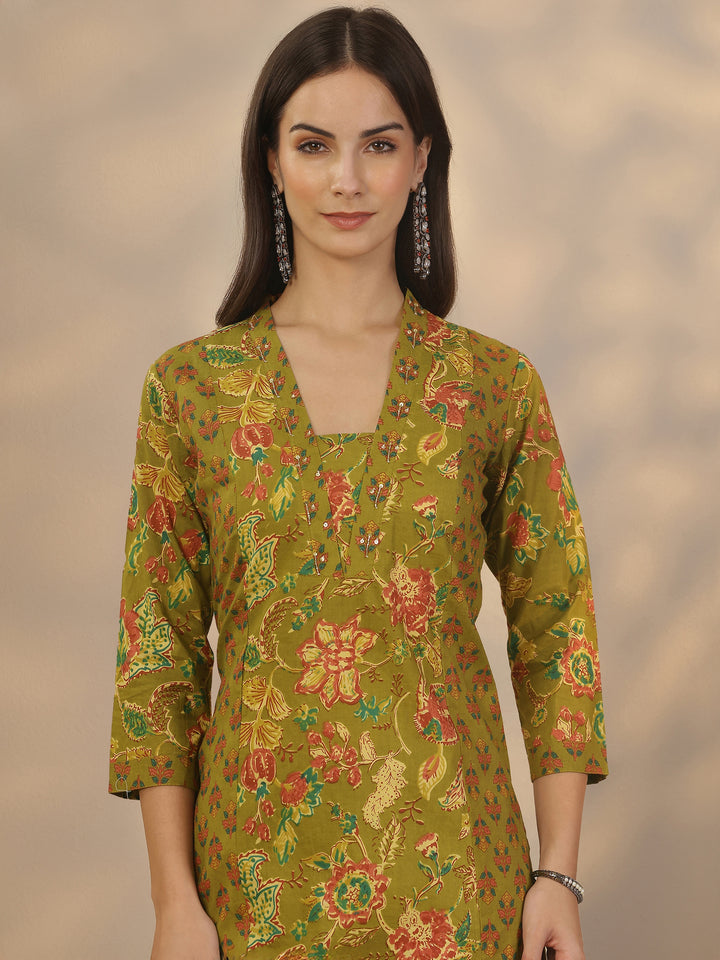 Green Printed Cotton Straight Suit Set With Dupatta