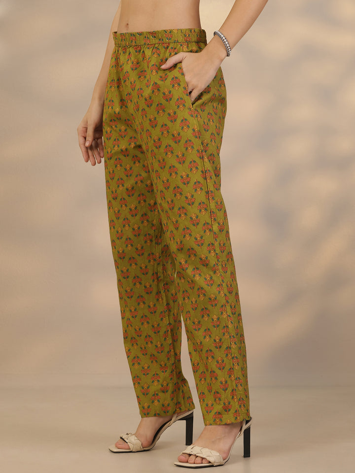 Green Printed Cotton Straight Suit Set With Dupatta