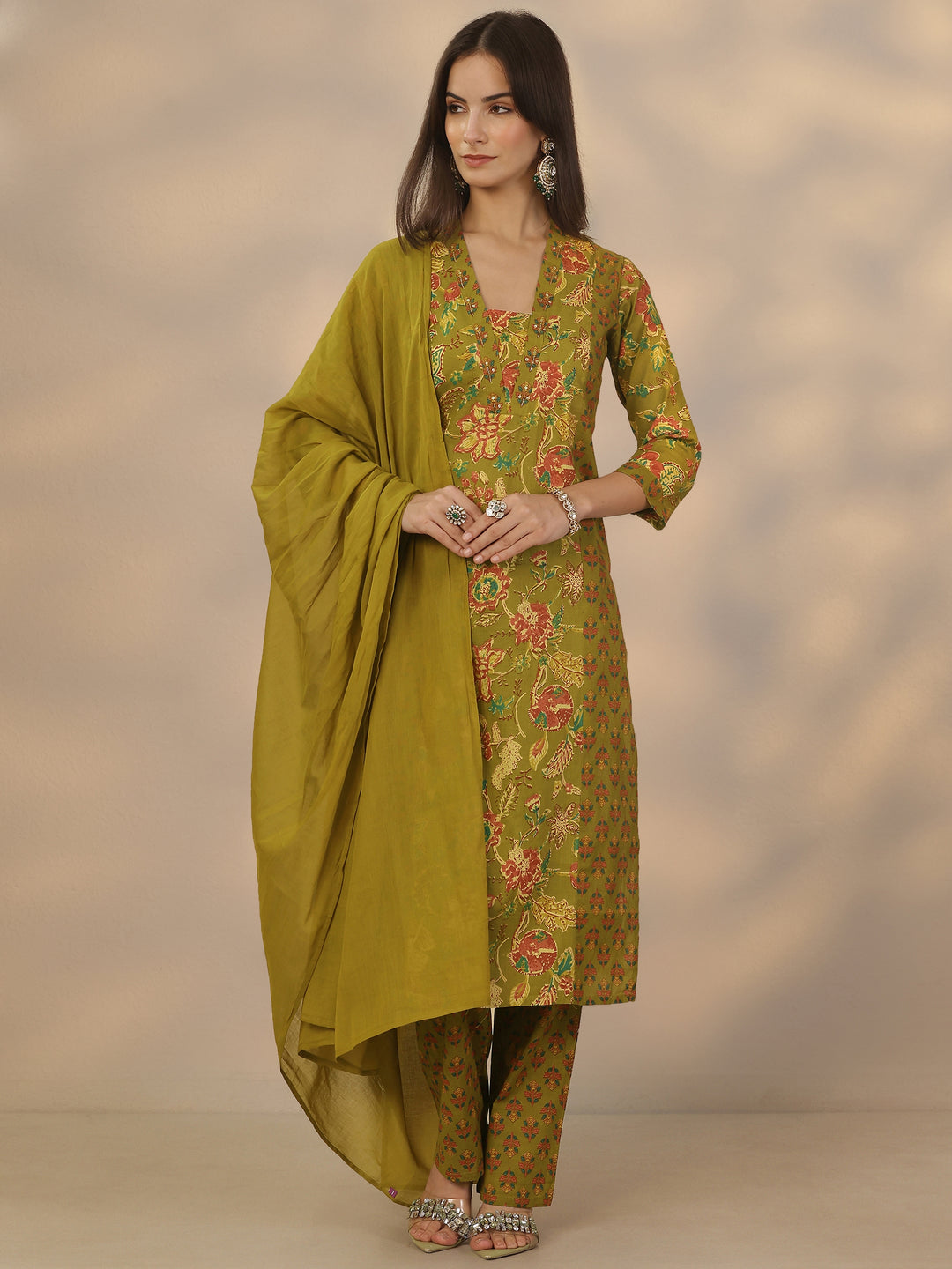 Green Printed Cotton Straight Suit Set With Dupatta