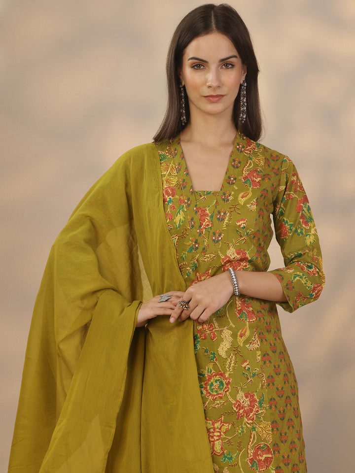 Green Printed Cotton Straight Suit Set With Dupatta