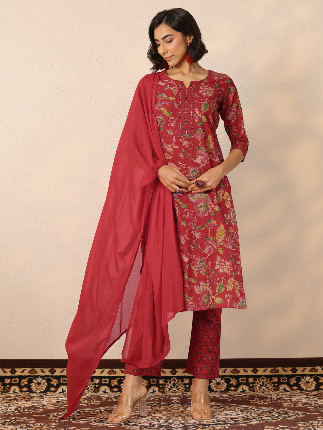 Red Printed Cotton Straight Suit Set With Dupatta