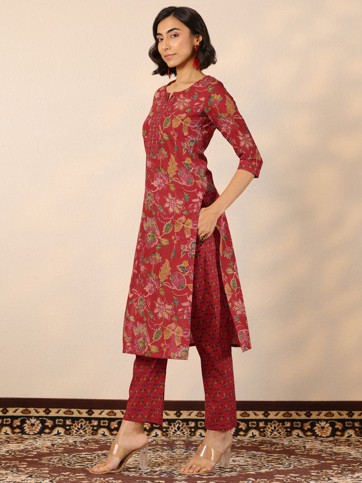 Red Printed Cotton Straight Suit Set With Dupatta