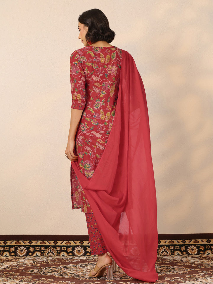 Red Printed Cotton Straight Suit Set With Dupatta