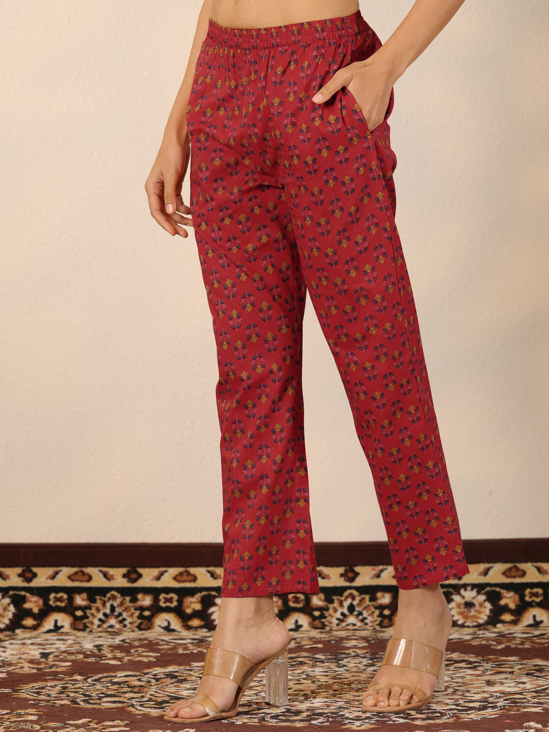 Red Printed Cotton Straight Suit Set With Dupatta