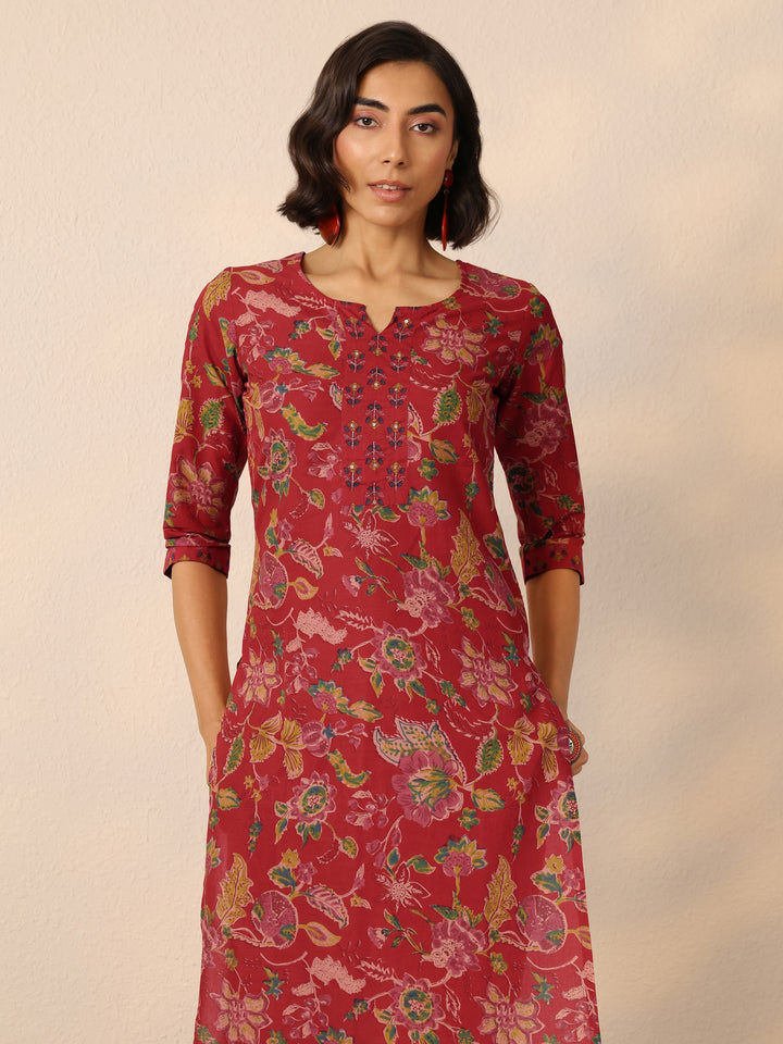 Red Printed Cotton Straight Suit Set With Dupatta